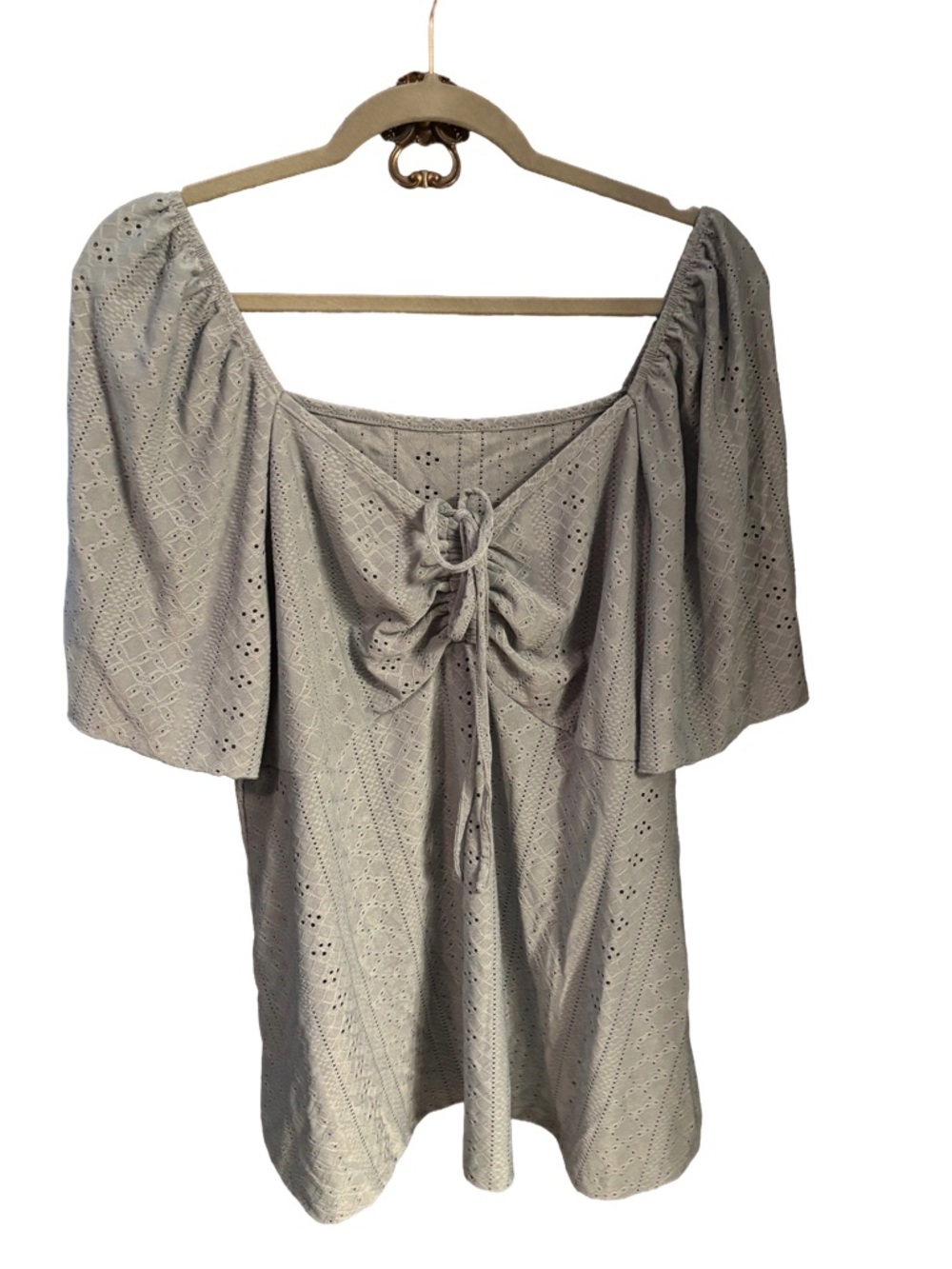 Off-Shoulder Eyelet Tie-Back Top in Light Gray